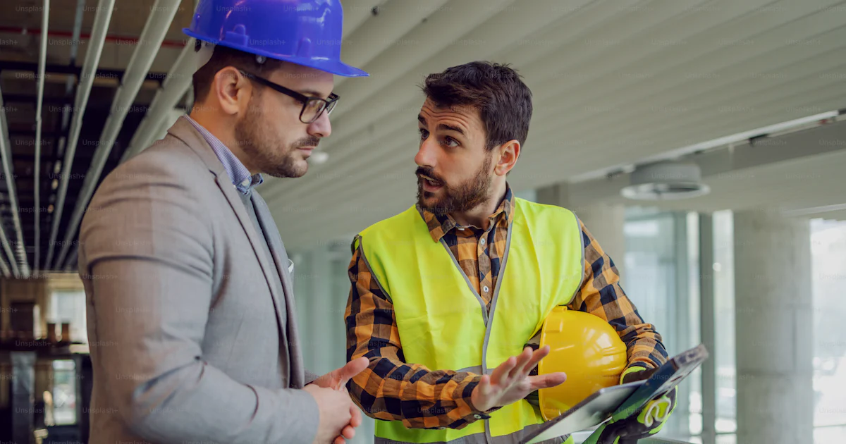 Building Supervisor Reference Construction worker holding tablet and explaining his supervisor how ...