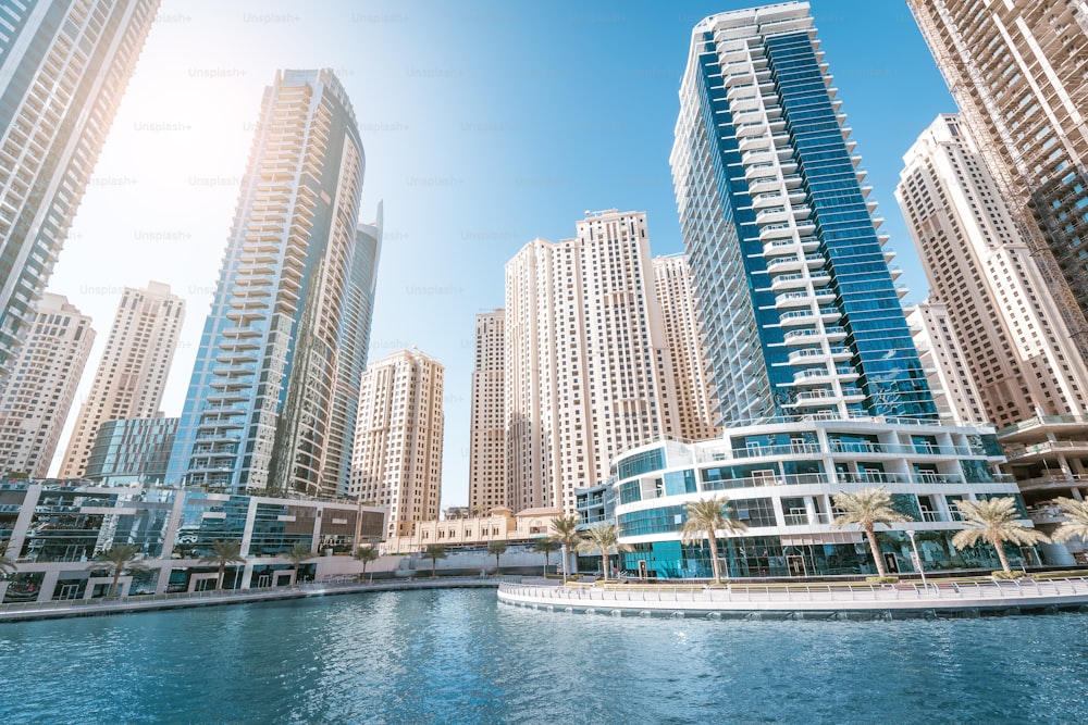 Panoramic view of the Marina district with numerous residential skyscrapers and hotels. Travel destinations in the UAE concept