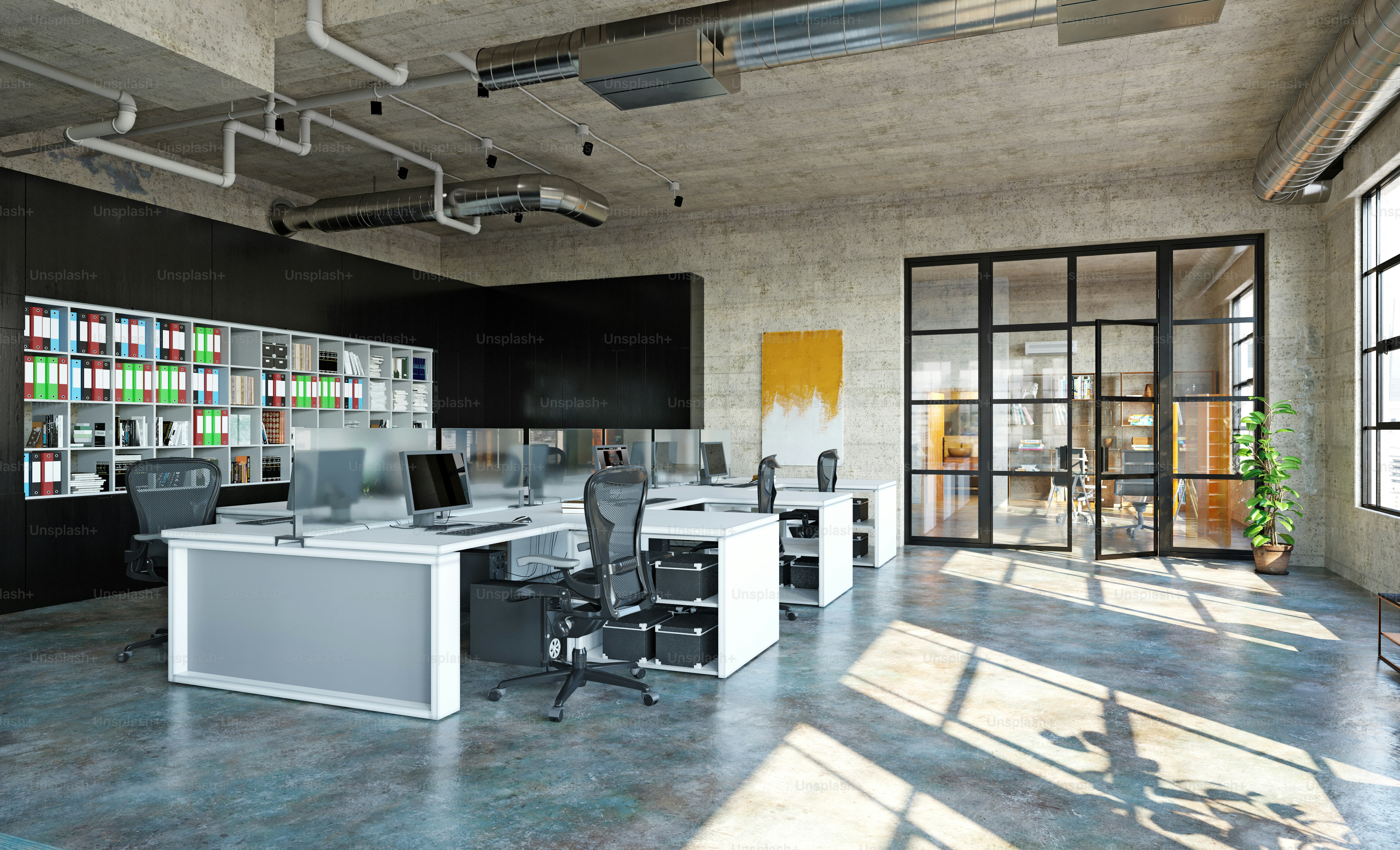 Modern loft office interior, 3d rendering business concept design photo ...