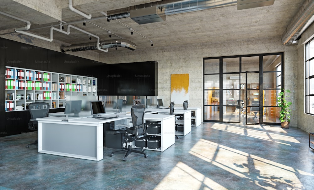 Interno moderno dell'ufficio del loft, progettazione del concetto di business di rendering 3D