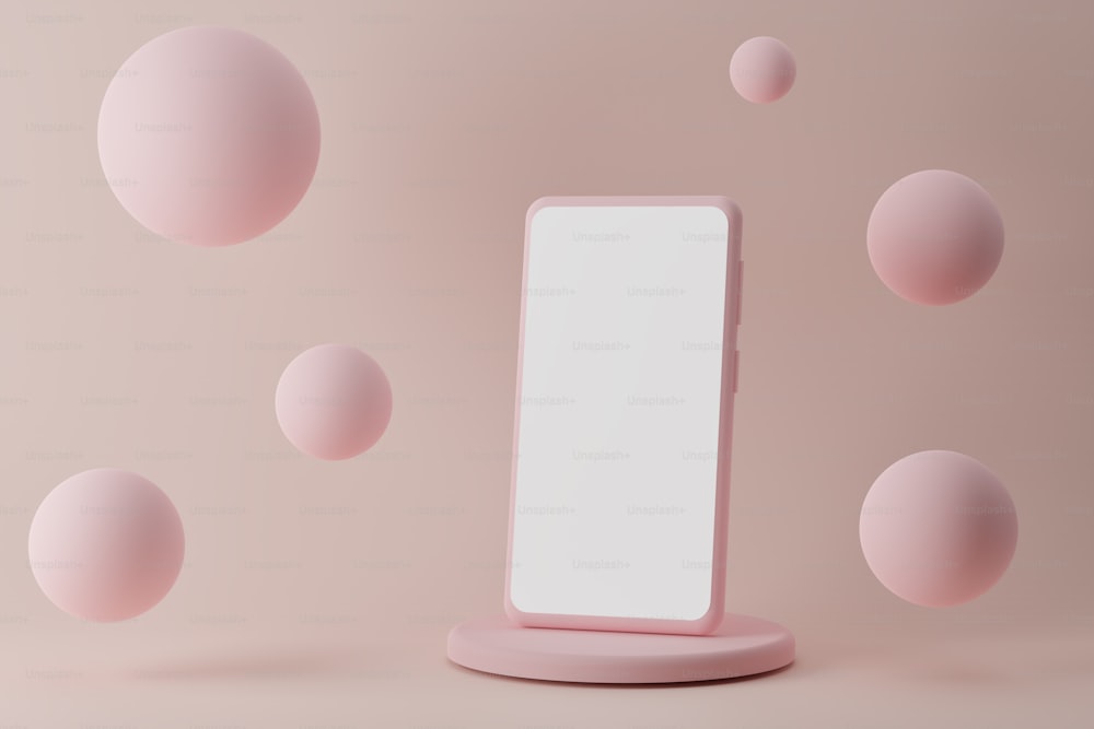Pink smartphone mockup on showcase podium with flying bubbles on pink background. 3d mobile phone with blank white screen, simple designe. 3d illustration of modern device screen