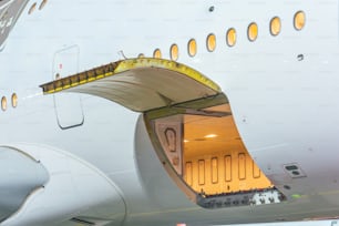 Luggage compartment with open door in wide-body long-haul aircraft