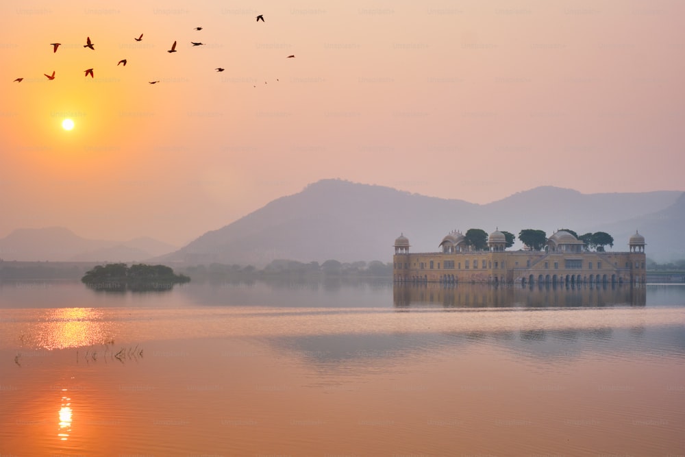 Tranquil morning at famous indian tourist landmark Jal Mahal (Water Palace) at sunrise in Jaipur. Ducks and birds around enjoy the serene morning. Jaipur, Rajasthan, India