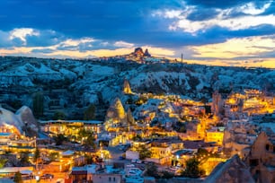 Goreme town at twilight in Cappadocia, Turkey.