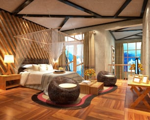 3D-Rendern Schlafzimmer im asiatischen Stil