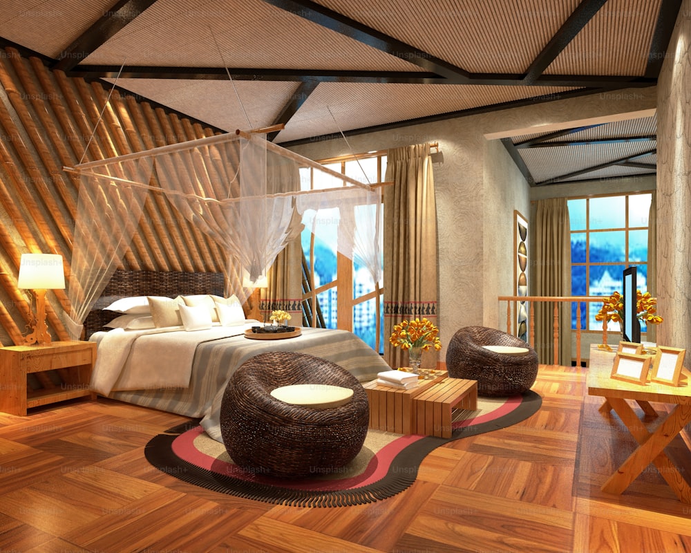 Renderizado 3D Dormitorio de estilo asiático