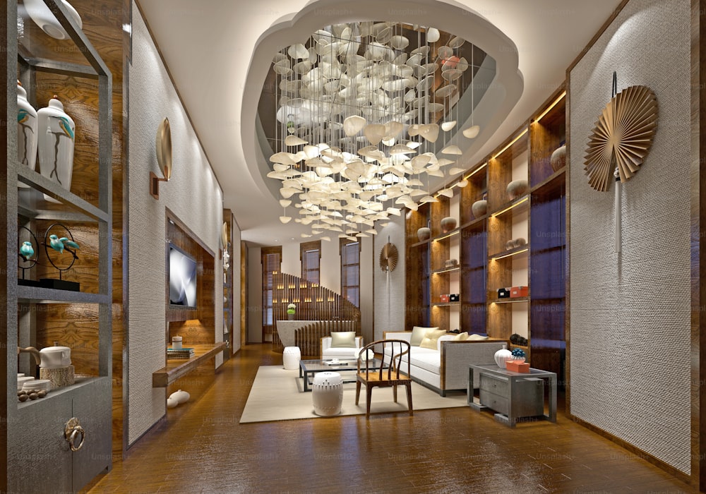 Render 3D del vestíbulo y la recepción del hotel de lujo