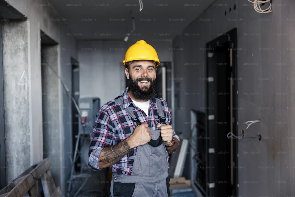 Builder in hi-vis and helmet ready to work on an extension