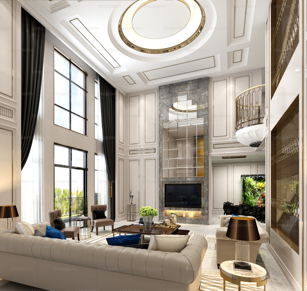 Rendering 3D Interno casa classica soggiorno e sala da pranzo