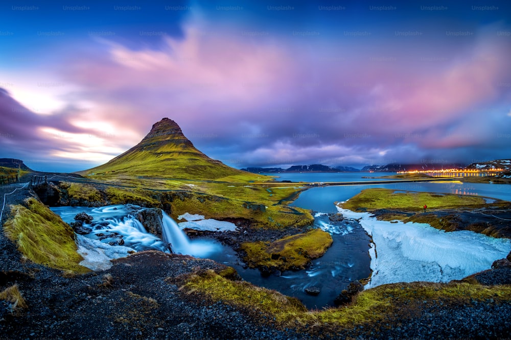 Kirkjufell mountains at twilight in Iceland.
