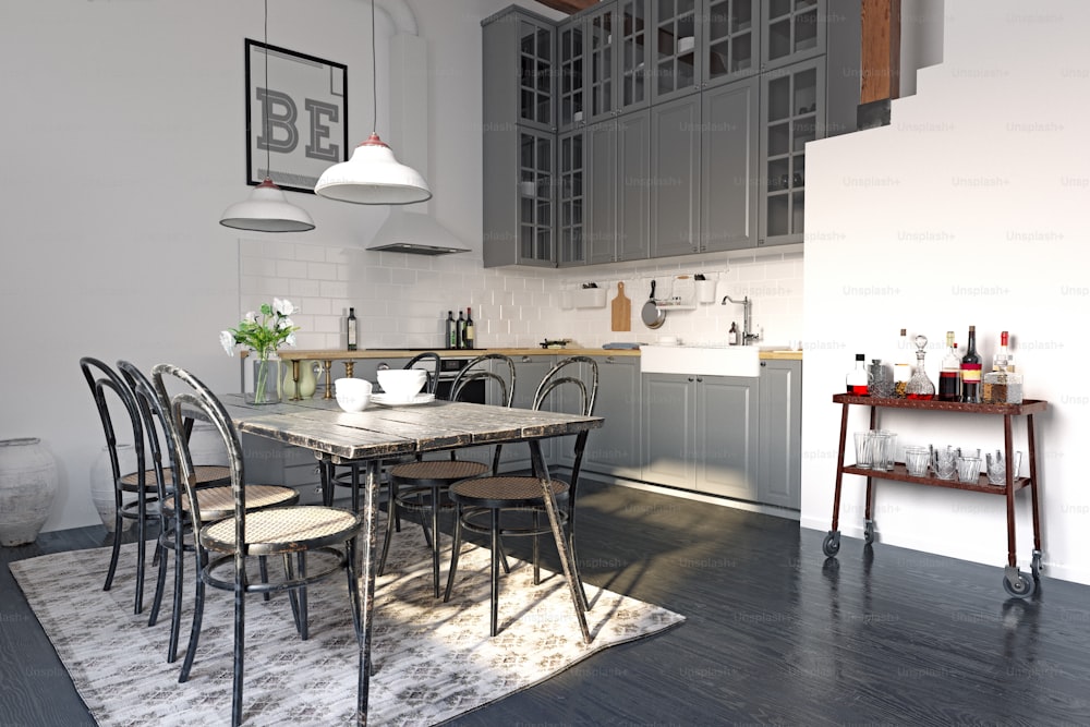 Moderne Loft-Küche Innenarchitektur. 3D-Rendering-Konzept