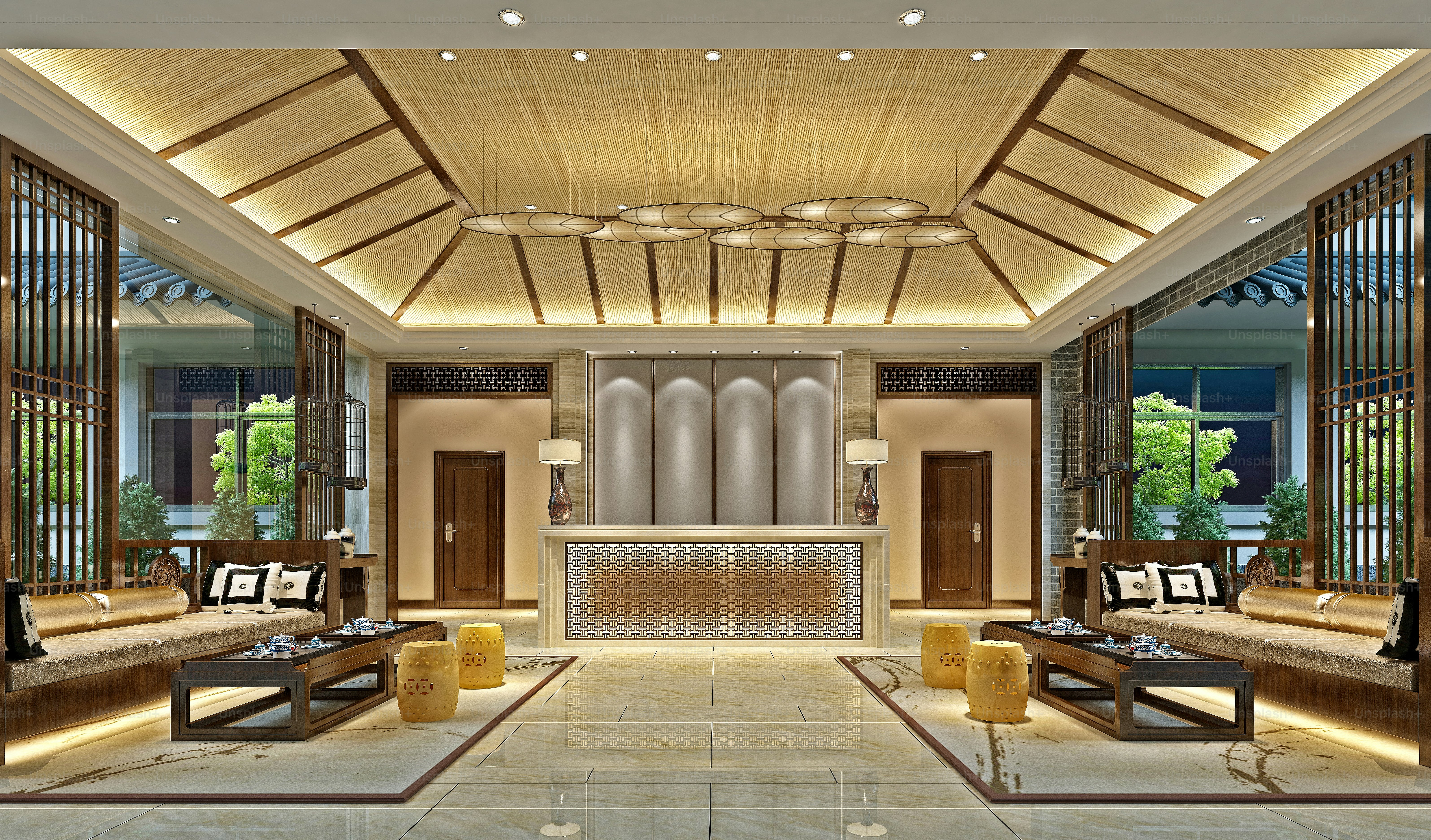 Traveler reviewing luxury travel package fees at a luxury resort reception desk