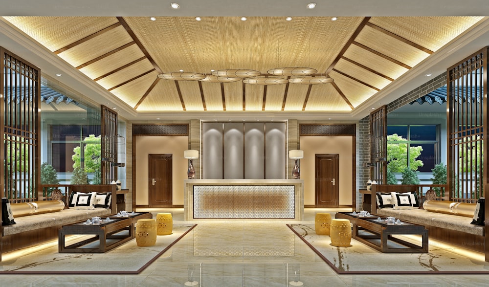 3d render of luxury hotel lobby and reception