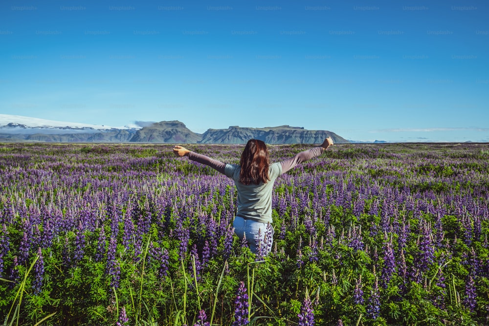 Happy young woman running in beautiful lupin field in Iceland.