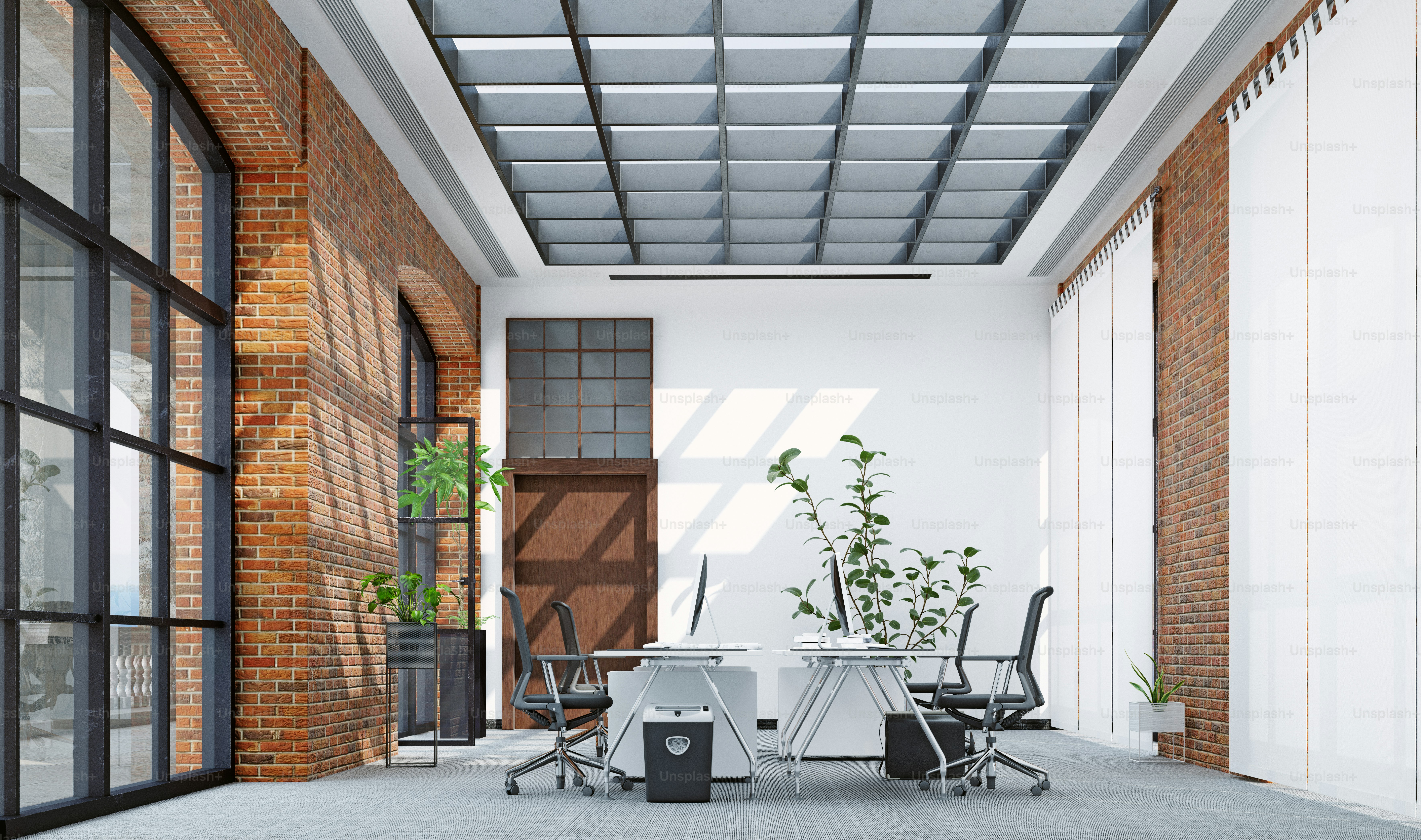 Moderno concetto di interior design per ufficio. Progettazione rendering 3D