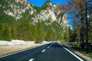 木々、森、山々を背景にした美しい山道。イタリアのドロミテ山の国道で撮影。
