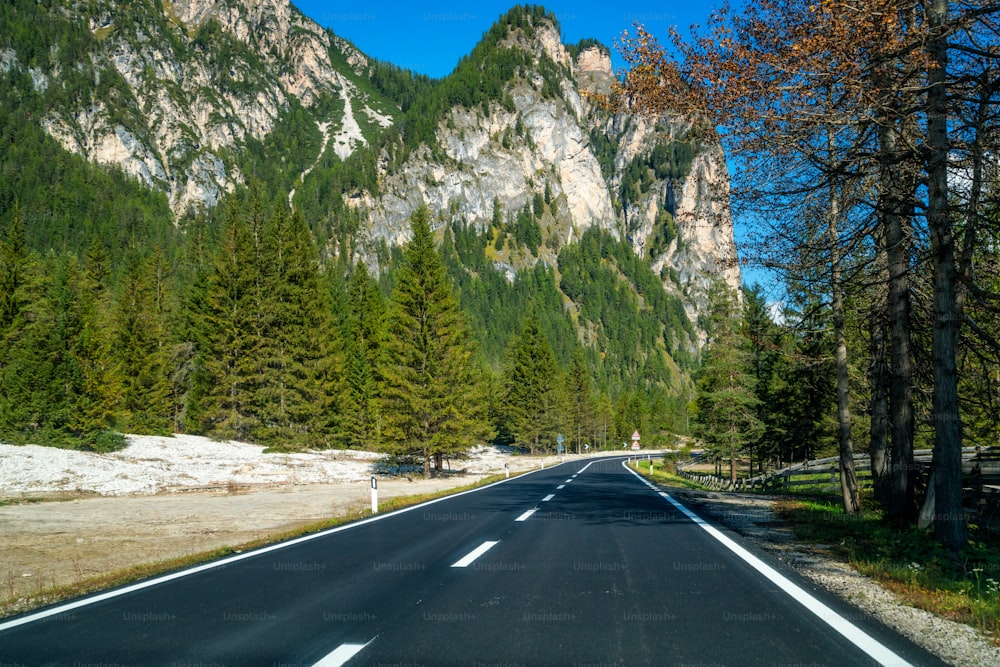 배경에 나무, 숲, 산이 있는 아름다운 산길. 이탈리아 돌로미티 산의 주 고속도로 도로에서 촬영.