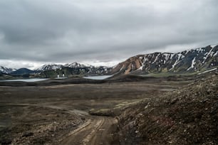 Paesaggio di Landmannalaugar scenario naturale surreale nell'altopiano dell'Islanda, nordico, Europa. Bellissimo terreno di montagna innevato, colorato famoso per il trekking estivo, l'avventura e le passeggiate all'aria aperta.