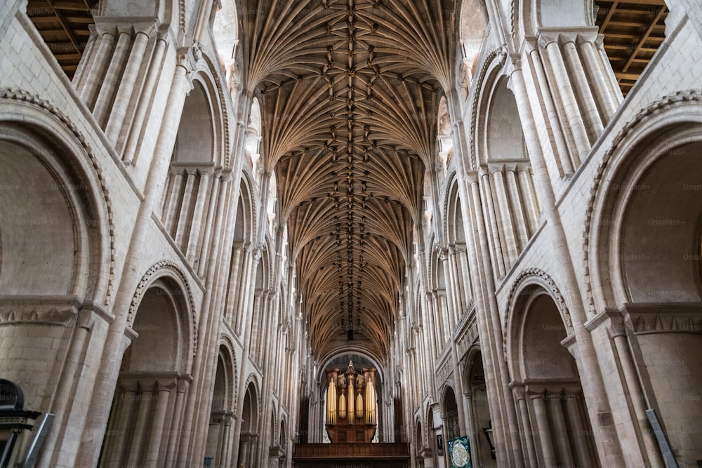 Inside view of the vault and nave of Norwich Cathedral, a temple dedicated to the Holy and Undivided Trinity completed in 1145.