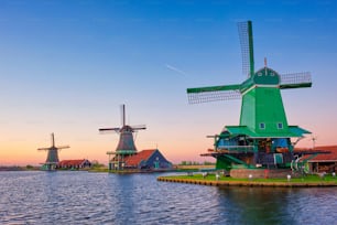 Netherlands rural lanscape - windmills at famous tourist site Zaanse Schans in Holland. Zaandam, Netherlands