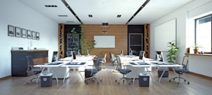 Concepto moderno de diseño de interiores de oficinas. Diseño de renderizado 3D