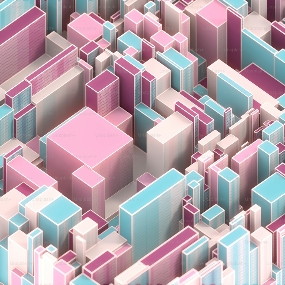 Geometría de ciudad futurista multicolor en estilo moderno. Concepto urbano futurista. Antecedentes tecnológicos. Renderizado 3D Ilustración digital