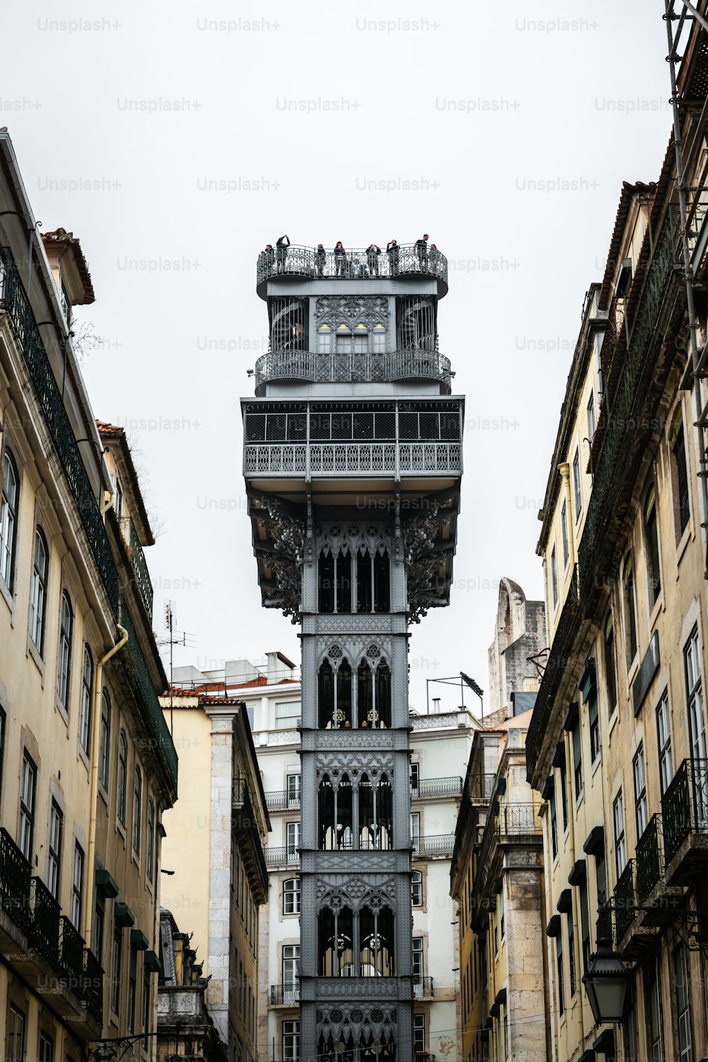 Elevador de Sant Justa (Santa Justa Lift) as seen from a narrow street in Baixa, Lisbon.