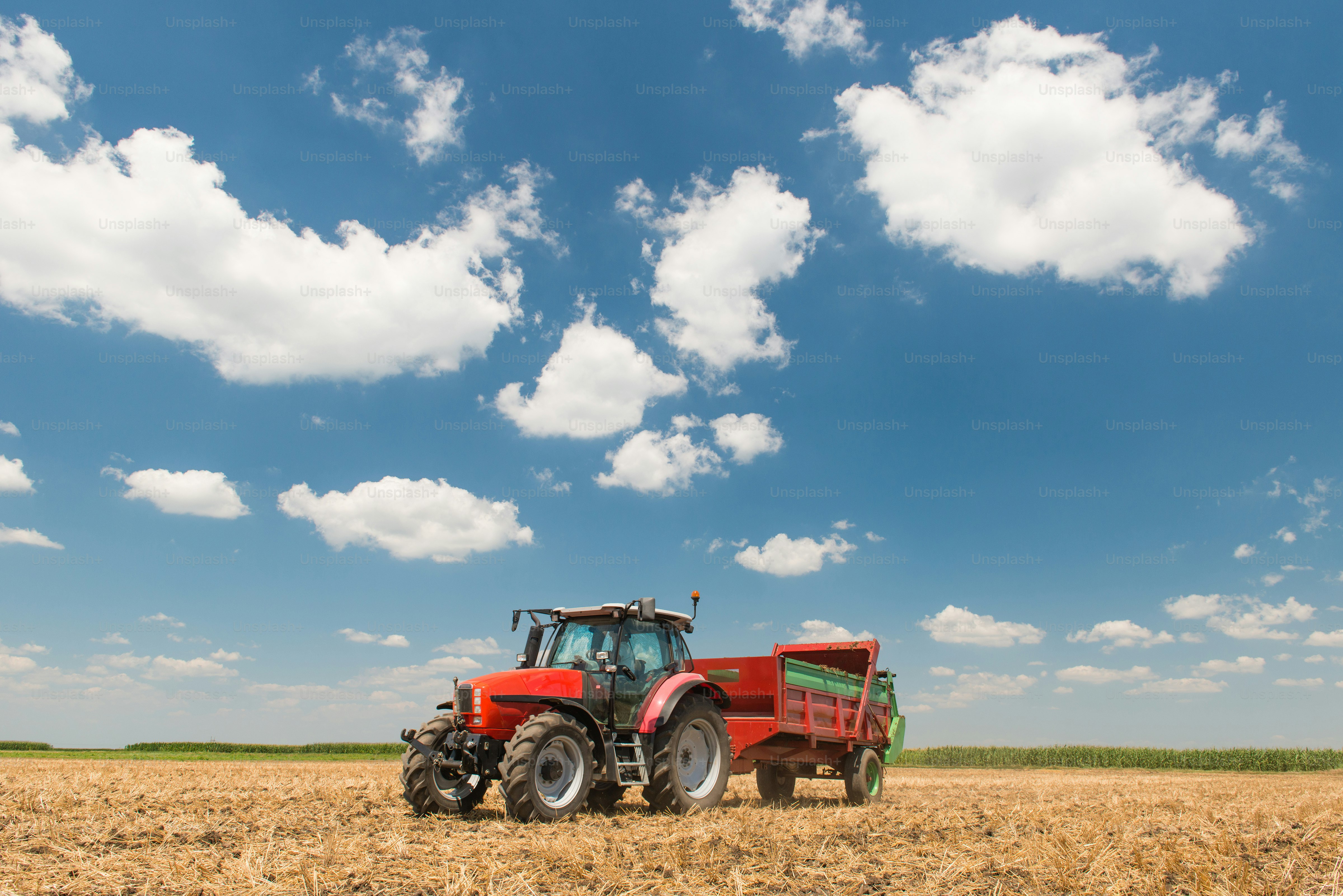Manure spreader working in field of harvested wheat