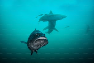 A grouper and sharks in Aliwal Shoal in Soth Africa