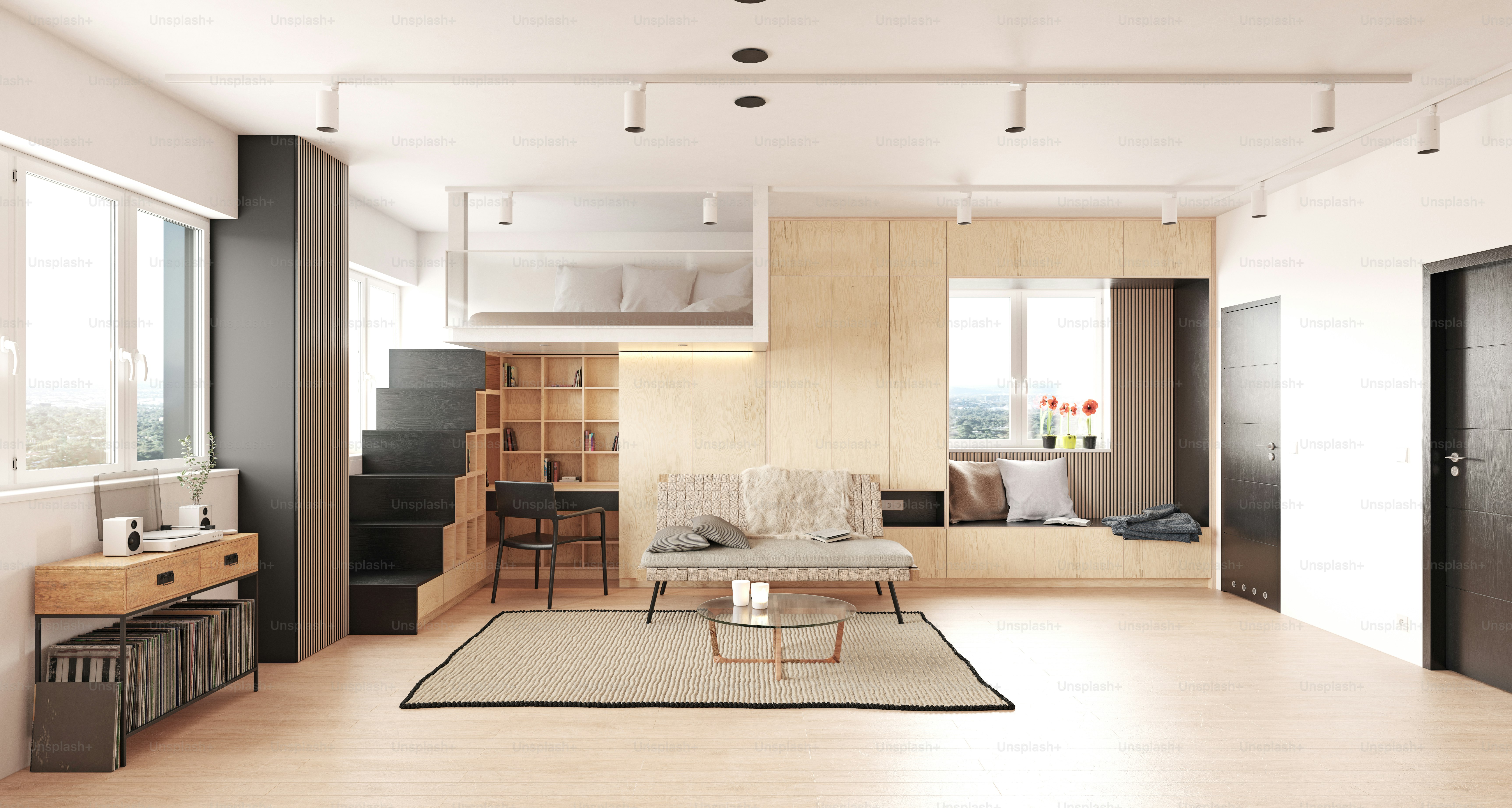compact apartment design concept. 3d interior rendering