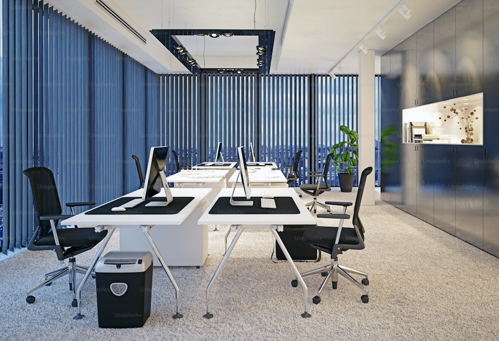 モダ�ンなオフィスインテリア。3Dレンダリングの概念