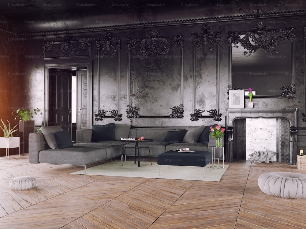 Black style luxury interior. 3d rendering concept