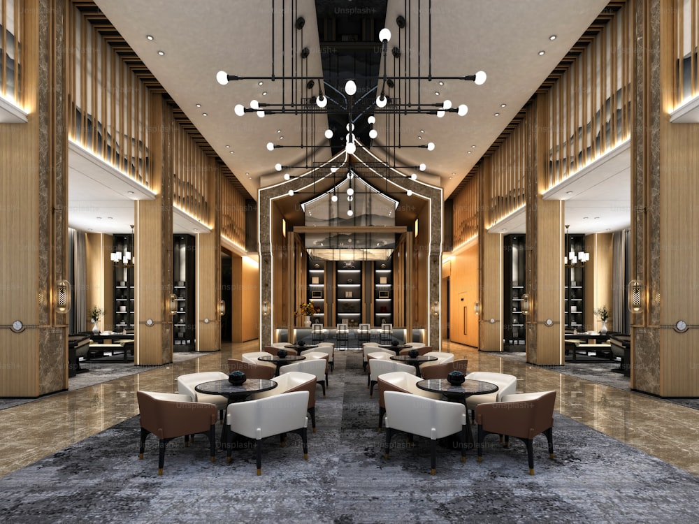 Renderização 3d do lobby e recepção do hotel de luxo
