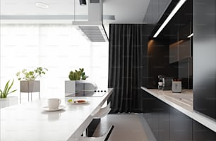 Cucina moderna in bianco e nero. Concetto di progettazione del rendering 3D