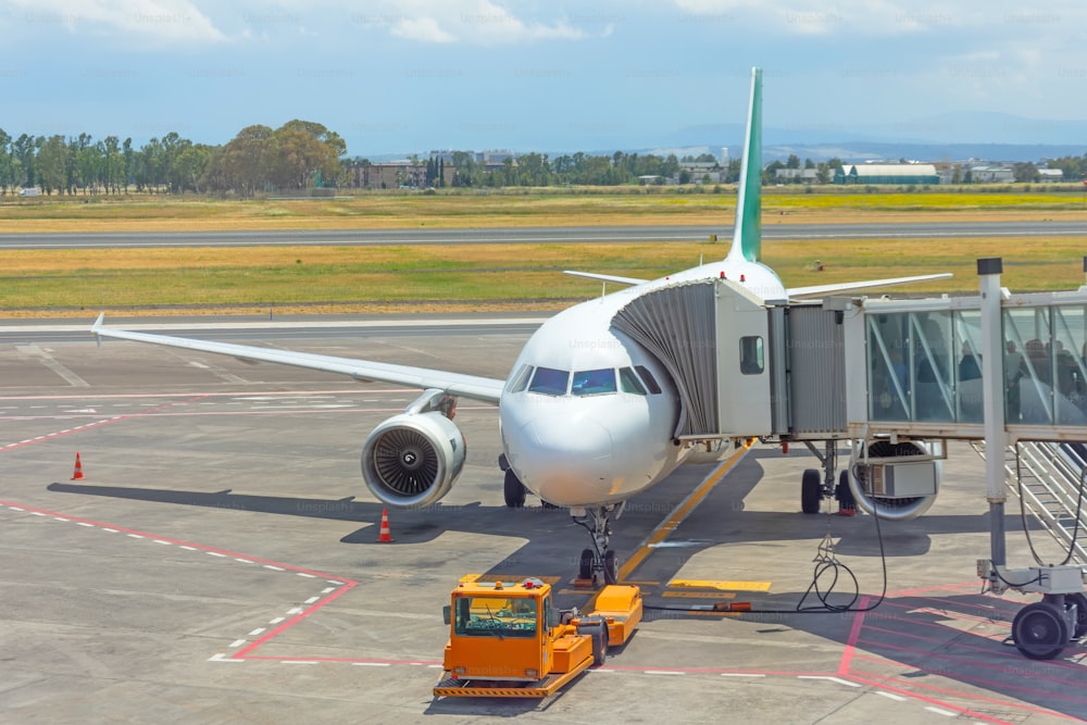 Passagierflugzeug mit Einstiegstreppe, Warten auf einsteigende Passagiere und Gepäck vor dem Flug, Sommerflughafenreise