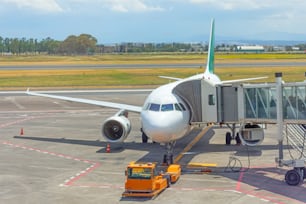 Passenger aircraft with boarding stairs, waiting for boarding passengers and baggage before the flight, summer airport trip