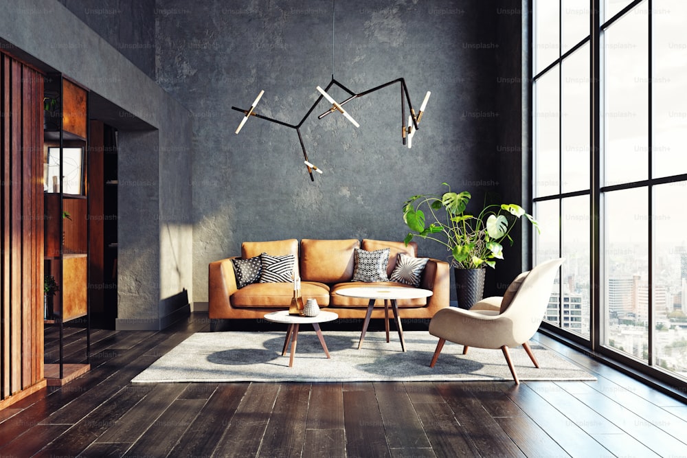 Design moderno del soggiorno. Concetto di rendering 3D