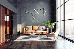 Design moderno del soggiorno. Concetto di rendering 3D