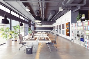 Interior de oficina moderno y acogedor tipo loft. Renderizado 3D