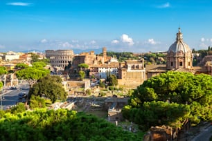 Rome, Italy city skyline with landmarks of the Ancient Rome ; Colosseum and Roman Forum, the famous travel destination of Italy.