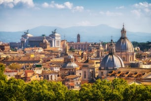 Rome skyline at the city center with panoramic view of famous landmark of Ancient Rome architecture, Italian culture and monuments. Historical Rome is the famous travel destination of Italy.