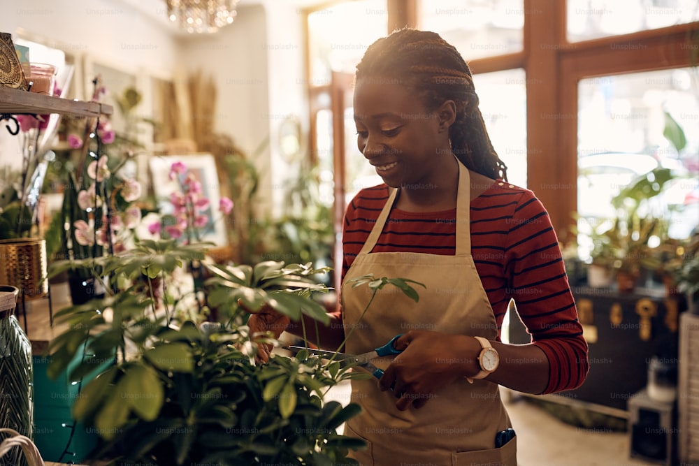 Young happy African American florist taking care of plants while working at her flower shop.