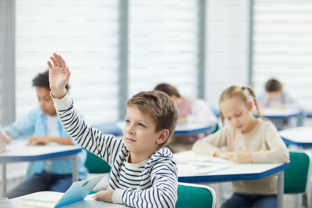 Ten-year-old boy wearing striped sweatshirt ready to give answer raising his hand in class, horizontal portrait, copy space