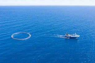 Fishing boat with special equipment for fishing, fish frame sails in the Mediterranean sea