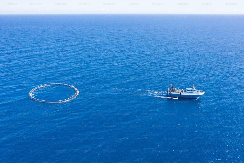 Fishing boat with special equipment for fishing, fish frame sails in the Mediterranean sea