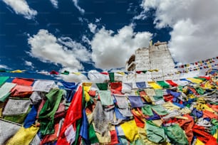 Rovine della Vittoria, Fort Tsemo sulla scogliera della collina di Namgyal e bandiere di preghiera buddiste colorate con mantra buddismo scritto su di esse. Leh, Ladakh, Jammu e Kashmir, India