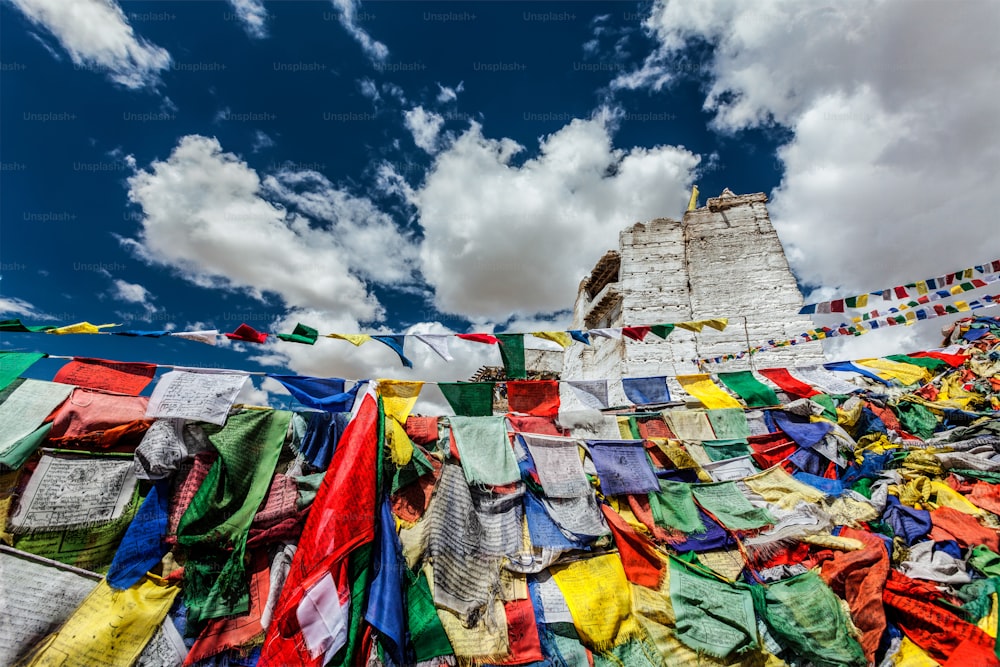 Ruins of Victory Fort Tsemo on the cliff of Namgyal hill and colorful Buddhist prayer flags with Buddhism mantra written on them. Leh, Ladakh, Jammu and Kashmir, India