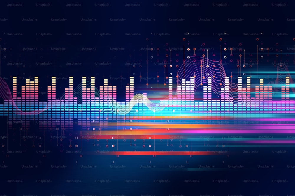 カラフルなオーディオ波形抽象技術の背景は、デジタルイコライザー技術を表します