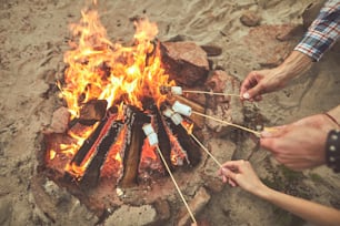 Outdoor sweet. Close up of campfire and people hands frying marshmallows at the beach