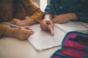 This is a mistake. Two little girls working homework at home. Space for copy. Close up. Focus on hand.